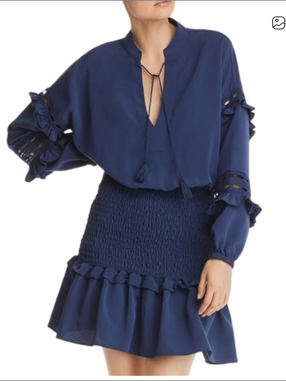 Aqua Navy Long Sleeve Smocked Waist Ruffle Dress